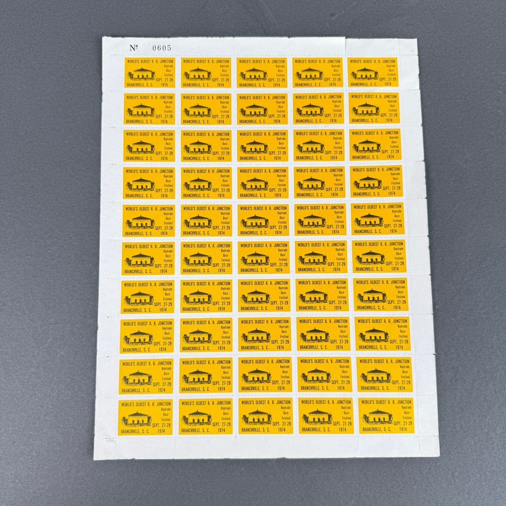 Raylrode Daze Festival Branchville SC Stamps Sheet 10.5x8 Yellow 1974